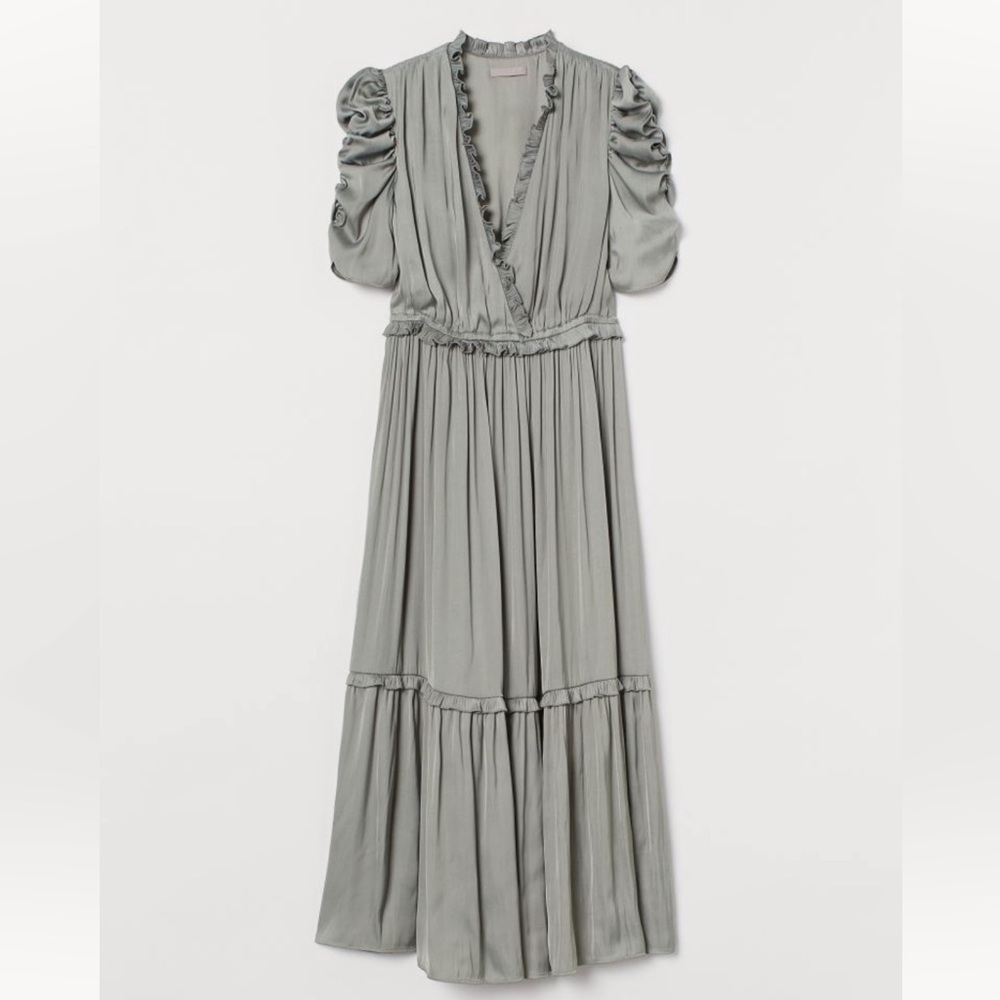 Satin Calf-length Dress with a Low-cut V-neck in Dusky Green Color